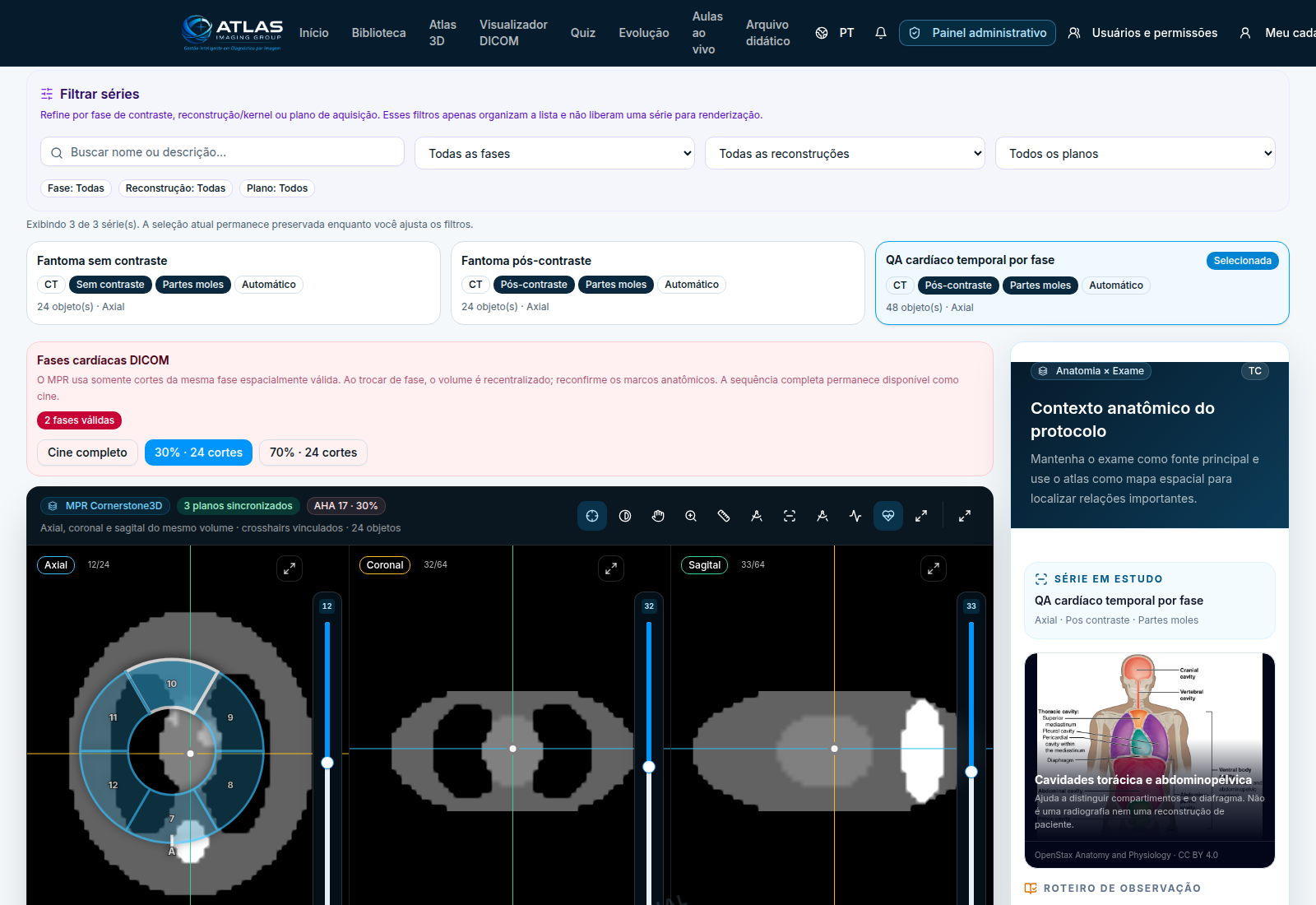 Tela real do Atlas com planos MPR sincronizados em um volume didático.