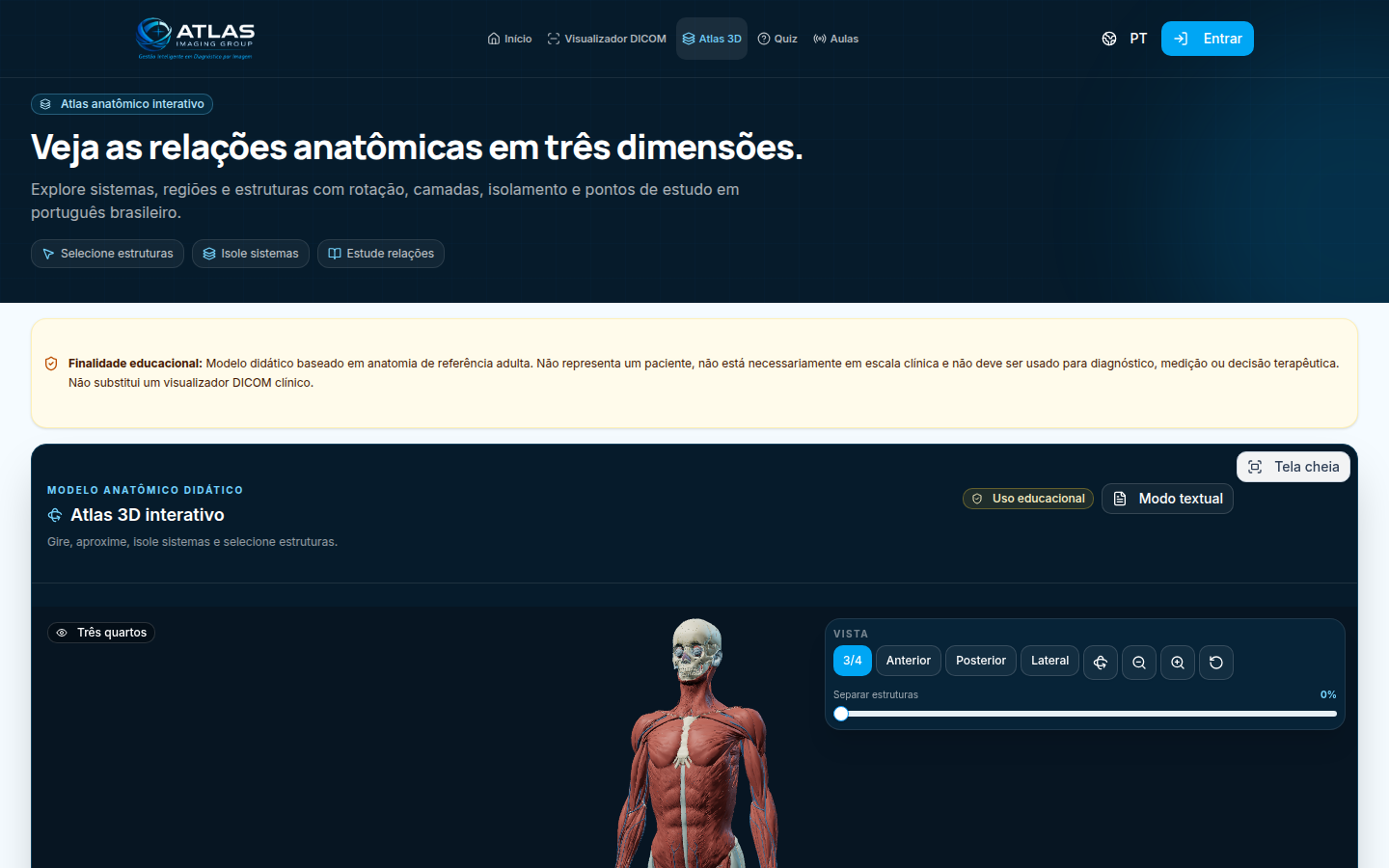 Tela real do Atlas 3D didático com modelo anatômico e controles de visualização.