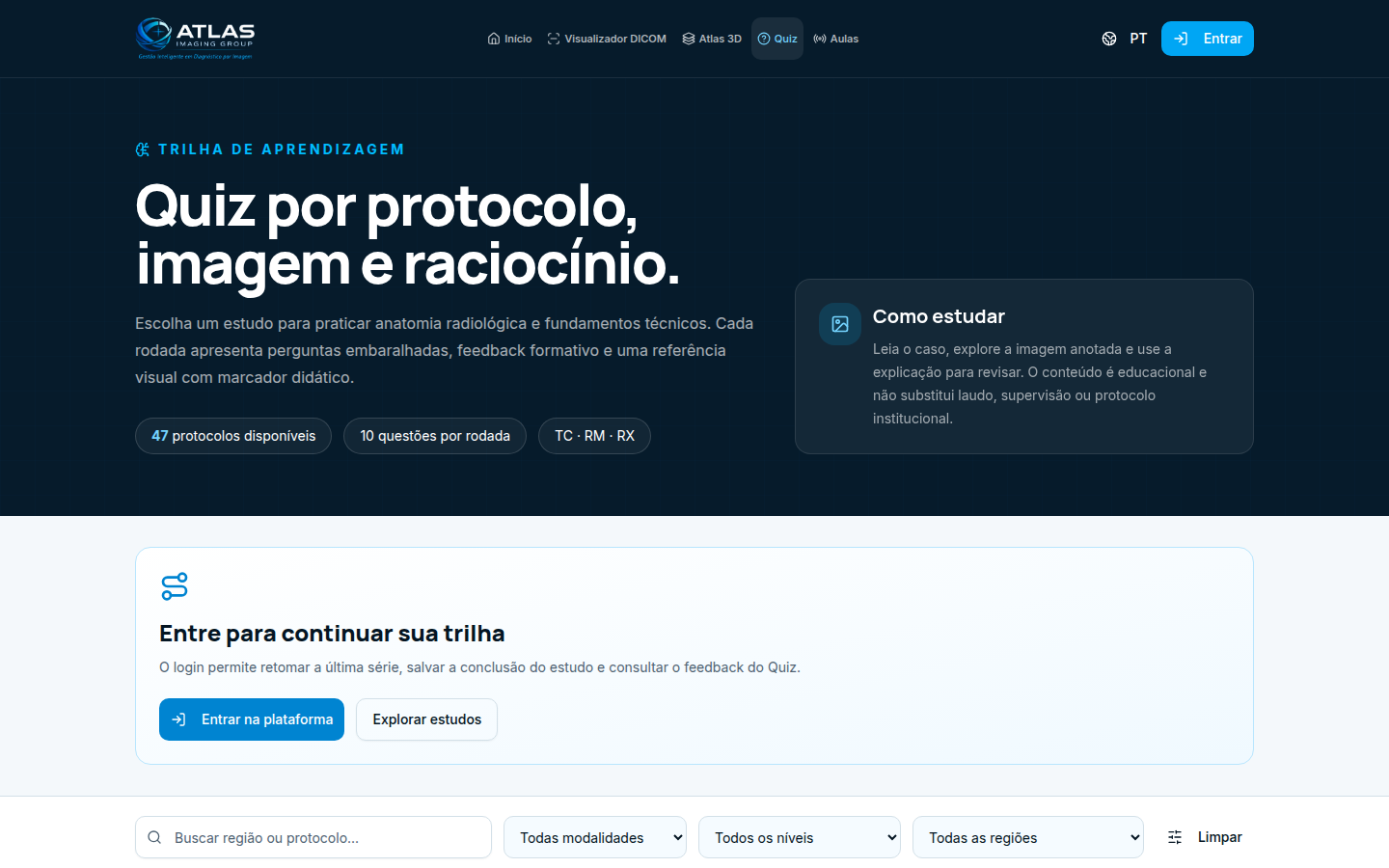Tela real do Atlas com a área de quizzes por protocolo.